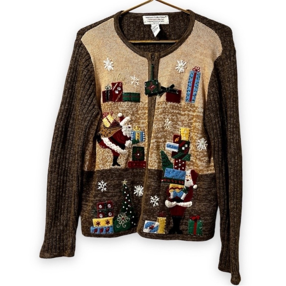 Vintage Heirloom Collectibles Christmas Brown Zip-Up Sweater Size Large Holiday